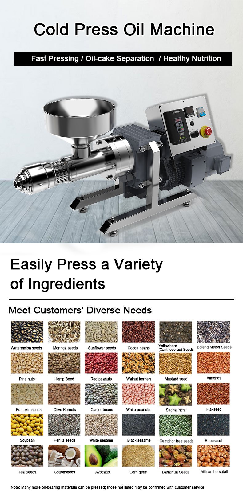 SC30 cold press oil machine with 30+ pressable oilseeds including sesame, walnut, flaxseed and avocado