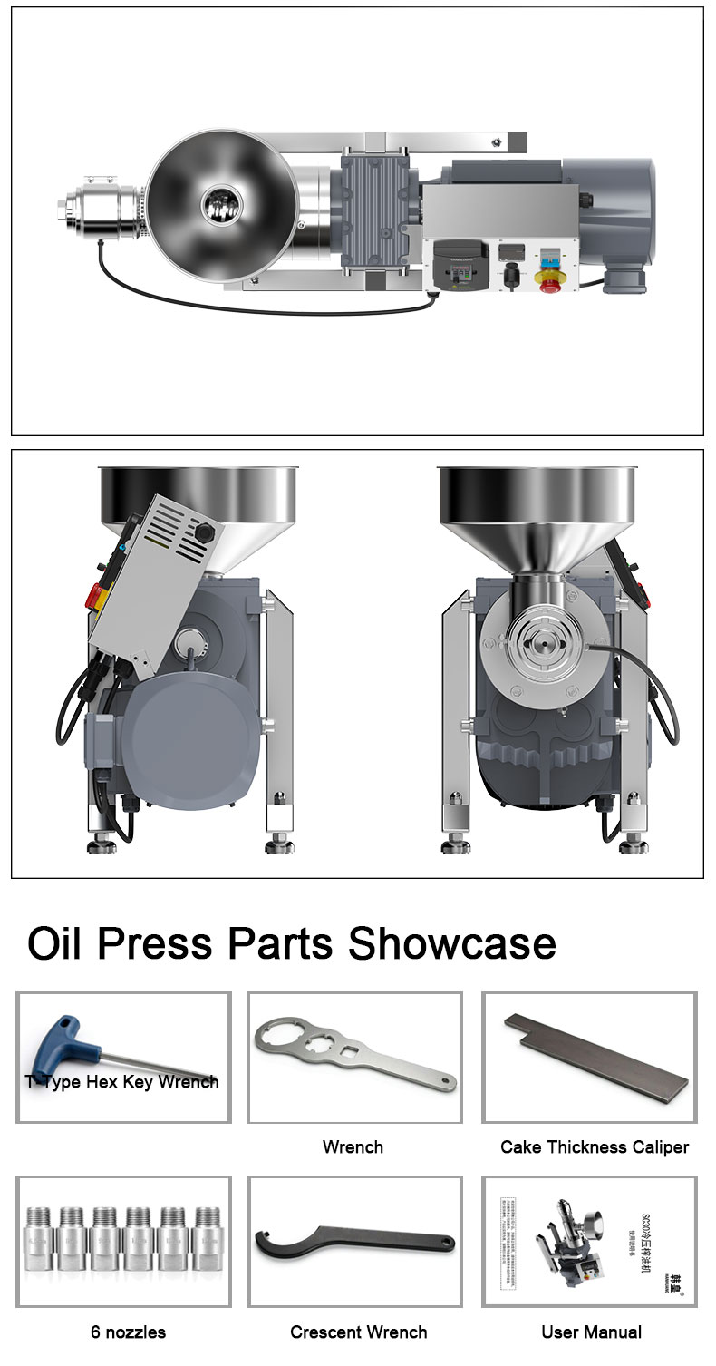 SC30 oil press accessories: hex key, wrenches, cake thickness caliper, 6 nozzles and user manual